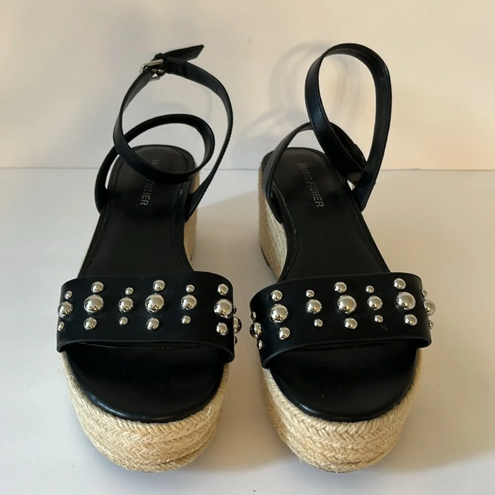Marc Fisher Black Leather Ankle Strap Studded Wedge Sandals Sz‎ 7